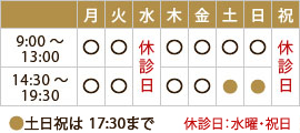 土日祝は17:30まで 休診日：水曜